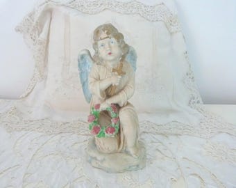 Gran estatua antigua de ángel querubín putti de bisque francés, escultura pintada a mano, decoración navideña para cementerio, tumba o iglesia.