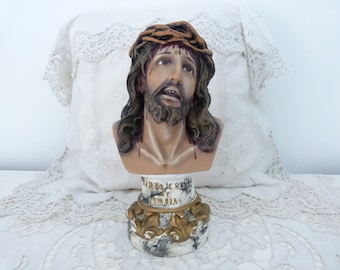 Antique religious statue Jesus Christ bust sculpture handpainted plaster w glass eyes figurine, 1900s christian devotional art church decor