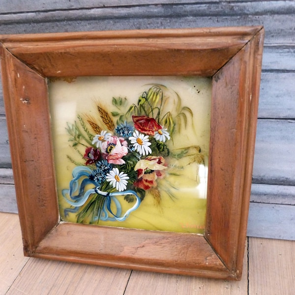 Ancien français signé 3D peinture florale sur verre avec bouquet de fleurs des années 1900 peinture d'art européen dans un cadre en bois vintage décor à la maison