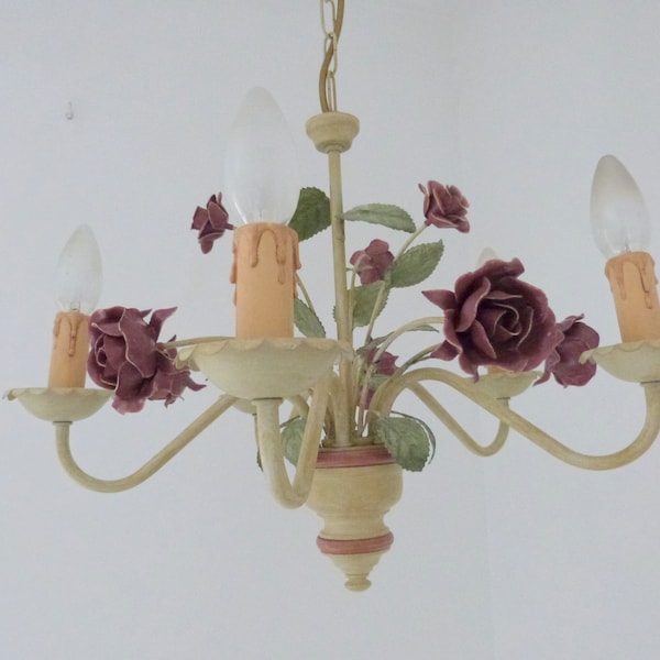 Vintage French toleware tole chandelier lamp w roses, tole light lighting ceiling light fixture, romantic cottage chic boudoir light decor