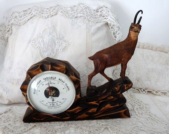 Vintage French weather barometer thermometer w chamois sculpture carving, carved wooden folk art, animal wood carving, hunting lodge decor