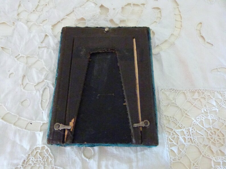 Antique French blue silk velvet picture frames w sepia picture of man, blown glass cover, 1900s Victorian picture frame, home decor gift image 5