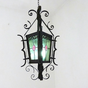 Antique French leaded glass lantern chandelier LARGE iron lighting hanging ceiling light lamp, rustic farmhouse country gothic home decor