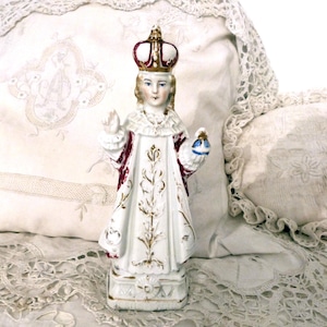 Antique French infant of Prague religious statue 1900s child Jesus Christ figure w globe, hand painted porcelain numbered sculpture w crown