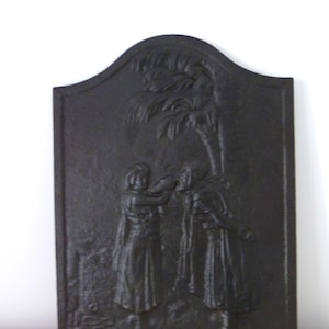Antique French cast iron fireplace mantle cover screen plaque w religious scene w Rebecca, fire place for chimney or bread oven, home decor