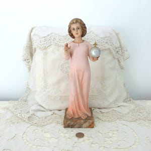Rare Antique infant child Jesus religious statue 1900s figure w glass eyes, OLOT, signed hand painted devotional sculpture w globe, ring,