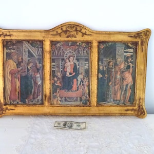 XL Vintage Florentine triptych frame w San Zeno Altarpiece Madonna w child icon gilded wooden devotional art religious devotional gift