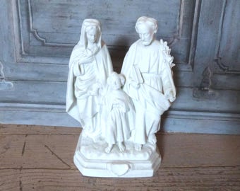 Antique French Saint Holy Family bisque BIG statue w child Jesus Christ, Holy Virgin Mary, Joseph, Christmas nativity creche holiday decor