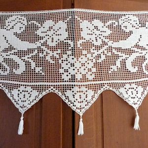 Antique French handmade cherub angel lace canopy shelf edging lace panel w putti, filet lace w tassels, arts and crafts whitework handwork
