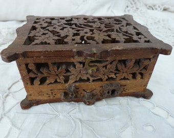 Antique French wooden filigree box hand carved box w monograms JD, floral hand sculptured design, rare keepsake letter money or trinket box