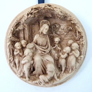 Antique 1900s religious plaster 3D bas relief frame w Jesus Christ and children, devotional wall decor hanging art, catholic gift