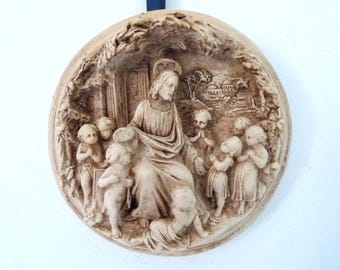 Antique 1900s religious plaster 3D bas relief frame w Jesus Christ and children, devotional wall decor hanging art, catholic gift