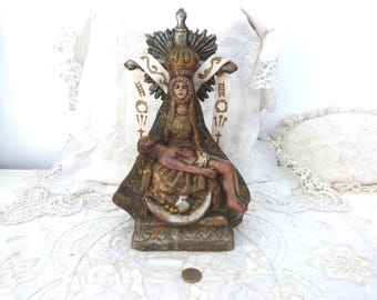 Large Antique French religious handpainted terracotta mourning Pieta statue sculpture Jesus Christ w Holy Mother christian devotional art
