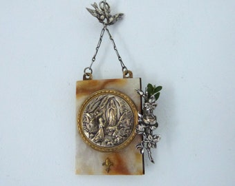 Antique French onyx rosary wall hanger frame w birds, souvenir  Lourdes medal, roses, fleur lys lis flower for blessed Palm Sunday branch