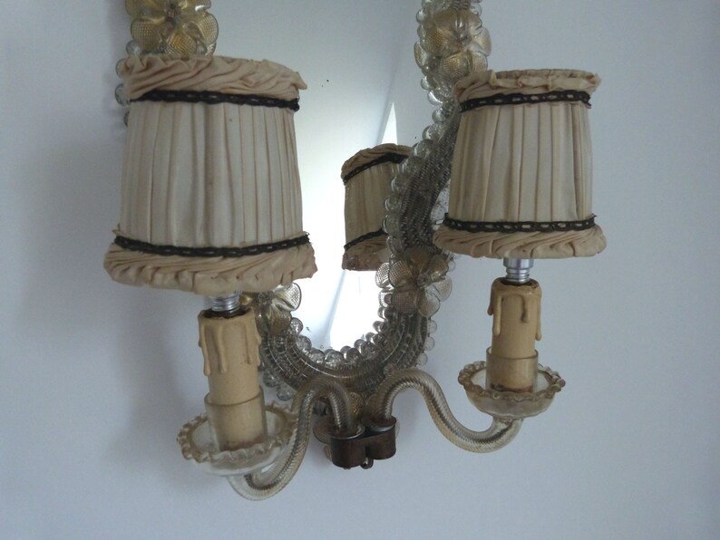 Antique French Victorian Lampshades Clip On Lamp Shades Boudoir Pleated Ecru Satin W Gold Metallic T