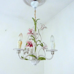 Vintage French floral toleware tole chandelier lamp w pink lys flowers, tole lighting ceiling light fixture, romantic cottage chic light