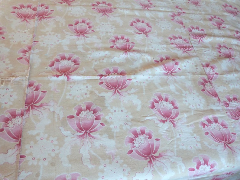 Antique French floral barkcloth fabric w flowers romantic ecru w pink fabric floral design vintage sewing fabric patchwork upholstery supply