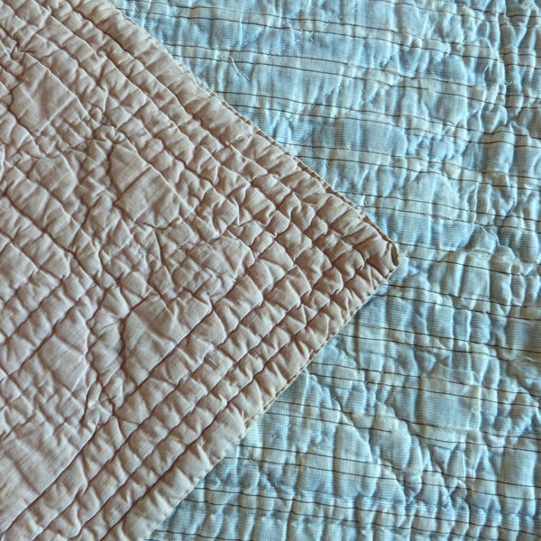 Antique Français matelassé couette boutis couvre-lit douillette laine rempli jet double face bleu rose couvre-lit couvre-lit provençal cottag