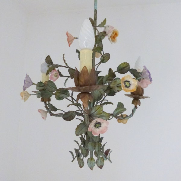 Antique Italian toleware chandelier w handpainted porcelain roses, RARE romantic tole ceiling lighting pendant fixture lamp decor light