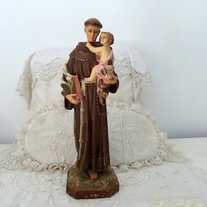French Antique religious saint Antoine de Padoue Saint Anthony w child infant Jesus statue sculpture w glass eyes handpainted religious art
