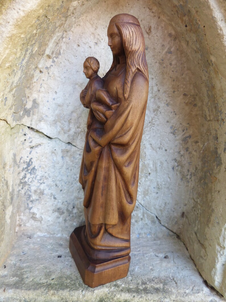 Holy Virgin Mary Statue Hand Carved Signed Wooden Madonna With Child ...