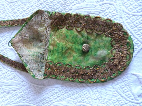 Antique French hand made green silk satin brocade… - image 5
