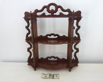 Antique French hand carved wooden wall mounted shelf console display shelf big 3 tiers wall storage shelf rack 1900s vintage home decor
