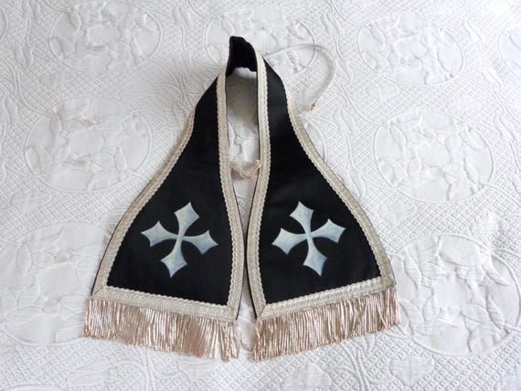 Antique French 1900s black handpainted priest maniple clergy maniple w crosses, silver bullion fringes, religious church clothing vestment