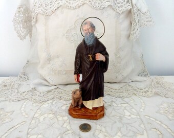 Rare Antique French religious statue saint Anthony the Great w metal halo, St Antoine Abbé, devotional sculpture statuary handpainted decor