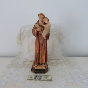 TALL French Antique religious saint Antoine de Padoue Saint Anthony w child infant Jesus statue sculpture handpainted religious art gift