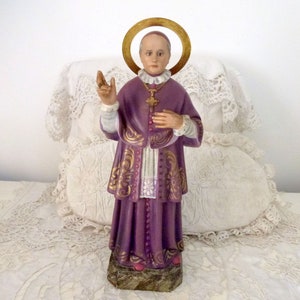 Seltene antike französische religiöse Statue heiliger papst w Glasaugen, Metall Halo, Devotionalie Skulptur Statuen handbemalter Gips, Kirchendekor