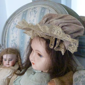 Antique French Victorian handmade lace w satin baby bonnet hat coiffe w roses, ruffles,  1900s coiffe from France for doll, bear, child