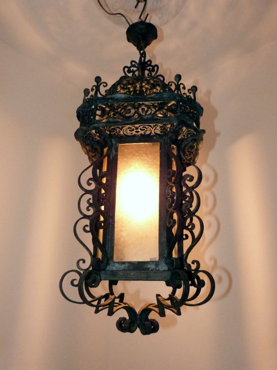 Antique French glass lantern chandelier LARGE iron lighting hanging ceiling light lamp, rustic farmhouse country cottage gothic home decor Antique French glass lantern chandelier LARGE iron lighting hanging ceiling light lamp, rustic farmhouse country cottage gothic home decor