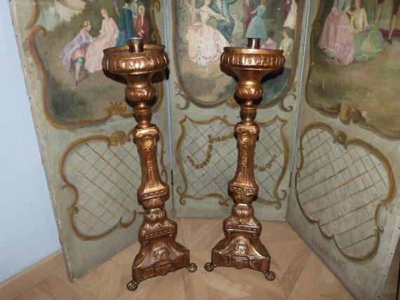 Antique French Pair Church Candle Stick Holders HUGE Altar Candelabra Candle  Holders W Lamb of God, Agnus Dei, Trinity, Gothic Candlesticks 