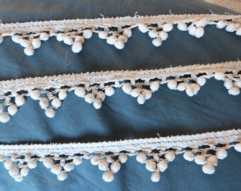Antique French white bobble pom pom trimming passementerie trim w woven braid, vintage sewing patchwork supply, window project, upholstery