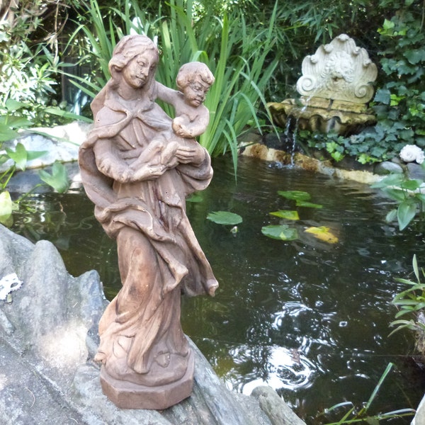 Heilige Jungfrau Maria Statue handgeschnitzte hölzerne Madonna mit Kind Jesus Skulptur 1800er Antike französische religiöse Statue unserer Dame Statue Kirchendekor