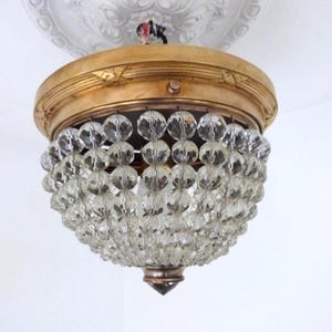 Antique French prism brass chandelier lighting fixture hanging ceiling light lamp lantern w facetted beads, crystal cabuchon, home decor
