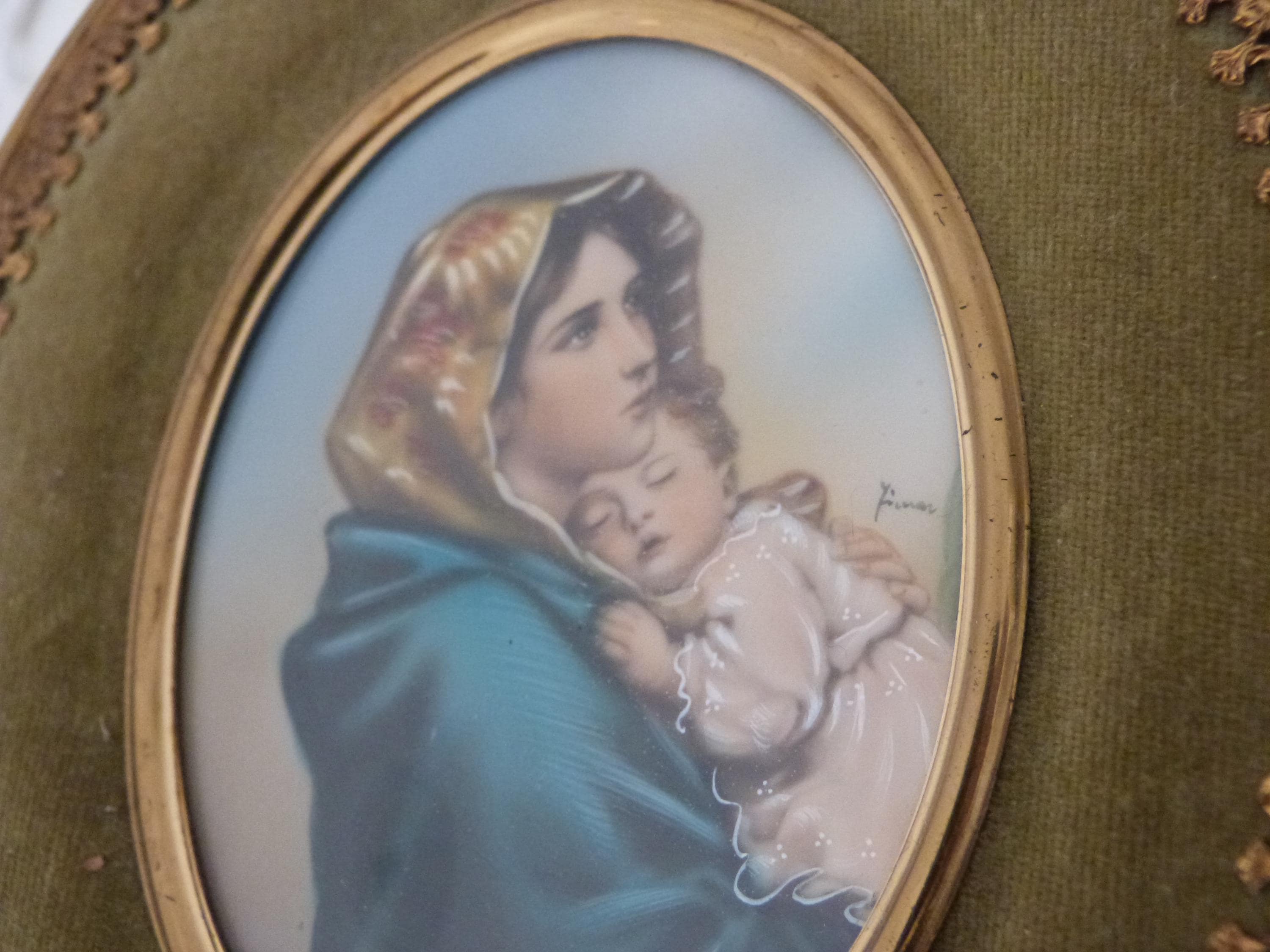 Antique French Religious Frame W Hand Painted Pastel Signed