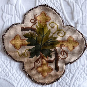 Antique French needlepoint application applique patch w handembroidered floral Maltese cross, religious embroidery church or priest vestment