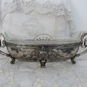 LARGE Antique French signed silverplated ArtDeco jardiniere planter plant pot w floral decor and glass inner pot, French ornament chic decor