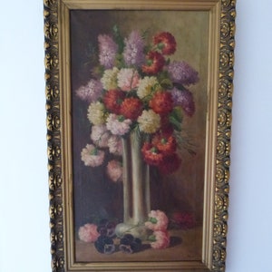 Antique French signed floral oil painting w carnation flower LARGE framed 1900s linen European still life floral art painting, wooden frame