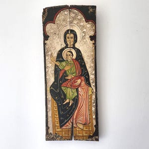 Vintage religious hand painted icon Madonna w child Jesus on old wooden panel, large devotional religious wall art decor gift from Pyrenees