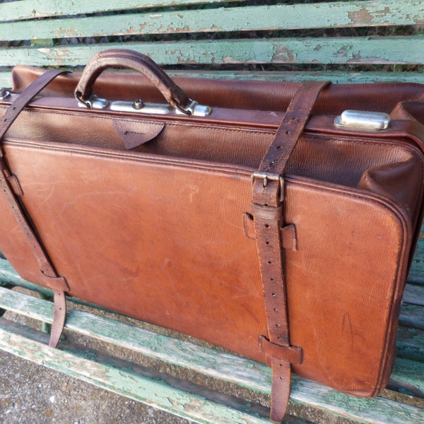 Antique leather suitcases luggage, French travel bag case, HUGE 1900s traveling bag, traveler bag, travel suitcase, camel leather