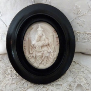 Antique meerschaum French 1800s religious meerschaum frame Madonna and child Jesus w crowns black wooden frame w glass, hand sculptured art