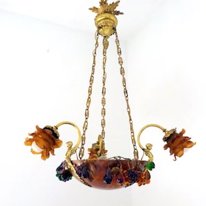 Rare Antique 1800s French angel cherub putti bronze lighting chandelier hanging ceiling pendant light lamp w alabaster dome, glass grapes