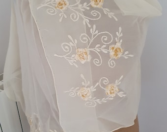 Antique French embroidered floral ecru sheer piano shawl scarf wrap 1900s Victorian romantic clothing wedding veil w velvet roses