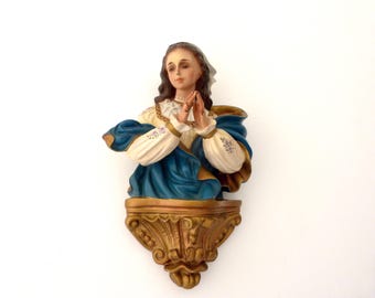 Antike Madonna Heilige Jungfrau Maria Lourdes Terrakotta Skulptur Büste w Glasaugen, religiöse Wandbehang-Statue, katholisches hingebungsvolles Dekor