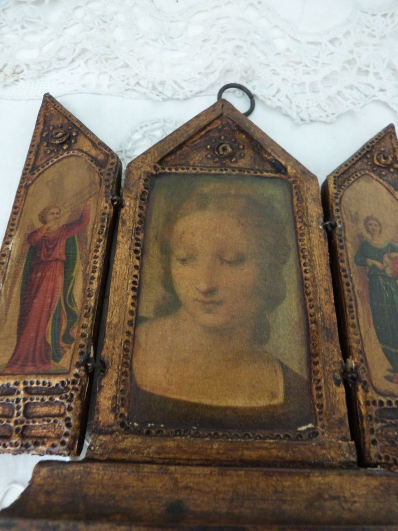 Antique Florentine Italian triptych madonna w archangels image 1