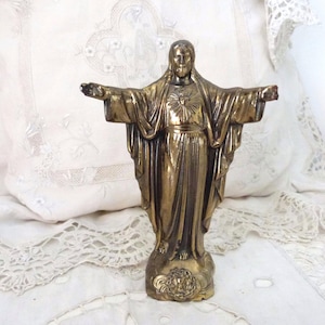 Antiek Frans religieus standbeeld Jezus Christus de Verlosser Corcovado-standbeeld met kelkdecor, gesigneerd beeldhouwwerk heilige jaren 1900 christendom Frankrijk afbeelding 1