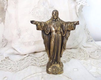 Antique French religious statue Jesus Christ the redeemer Corcovado statue w chalice decor, signed sculpture saint 1900s christianity France